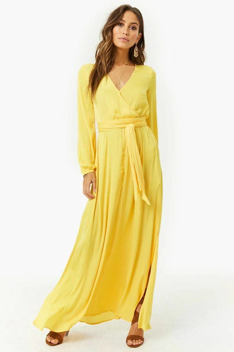 Forever 21 Hunter Yellow Belted Surplice Maxi Dress S M