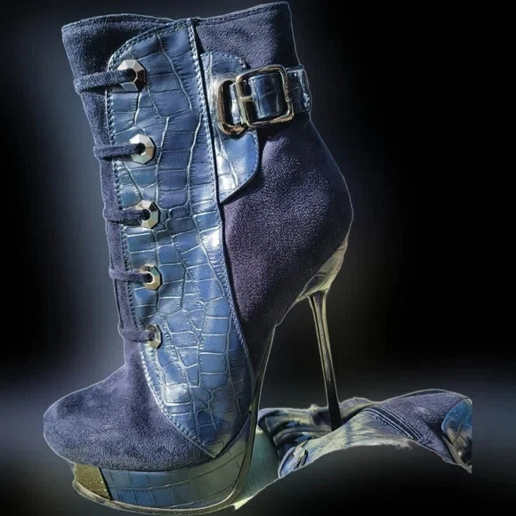 Impresionantes botines de plataforma de gamuza y cocodrilo azul Luichiny, talla 6,5 Foto 2 de 4