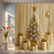 Christmas Shower Curtain with Gold and White Tree Design