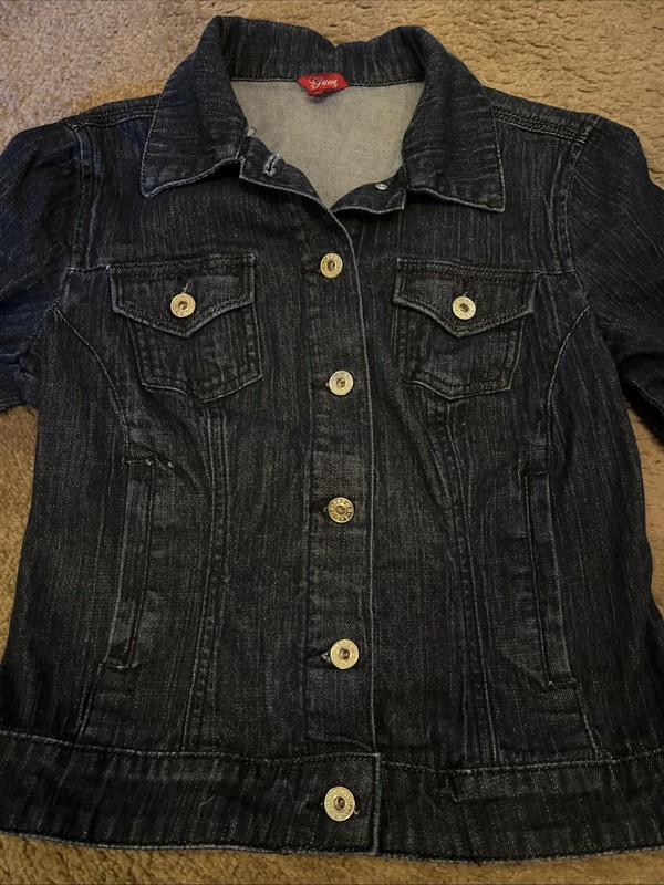 Women’s Guess Jacket Size Medium Denim Gold Buttons Bedazzled Gems Sparkly Cute