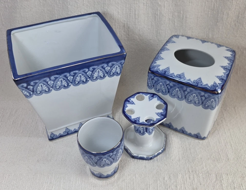 Bombay Co. набор для ванной синий и белый мусор ткани и держатель зубной щетки чашка б/у в отличном состоянии  - Изображение 2 из 4