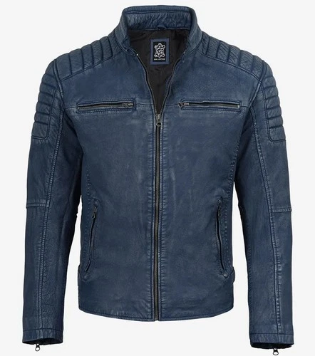 Men's Genuine Leather Moto Jacket Washed Blue Quilted Racer Zip Biker Coat Gift - product listing photo