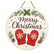for Front Door Wooden Rustic Hanger Sign Red Mittens Merry Christmas Wreaths