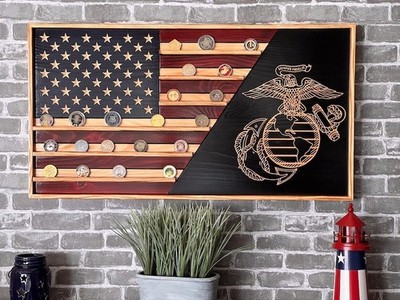 New EGA Challenge Coin Holder, Rustic American Flag, Marines, Wall Wedding Gift