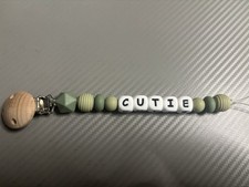 Personalized Beaded Pacifier Clip 'CUTIE' Green/White Natural Wood Clip