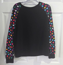 Womens Black Crew Neck Pullover Sweatshirt Raglan Heart Graphic Print L