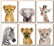 Nursery Wall Art - Unframed Safari Nursery Decor - Set of 6 Animal Wall Decor...