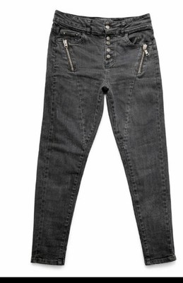 Damen Skinny Jeans Gr. M Schwarz Grau High Waist Stretch Zipper Biker Style Top