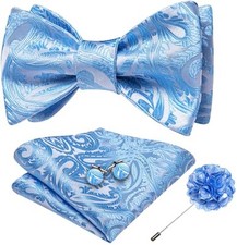 Mens Bow Tie Set with Lapel Pin Brooch Pink Silk Self Tie Baby Blue Paisley a