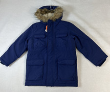 Childrens Place Boys Down Coat Faux Fur Trim Hood Navy Blue M, L