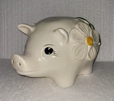 1960s Artistic Royal Craft Piggy Bank Chalkware Yellow Piggy Flower Power VTG