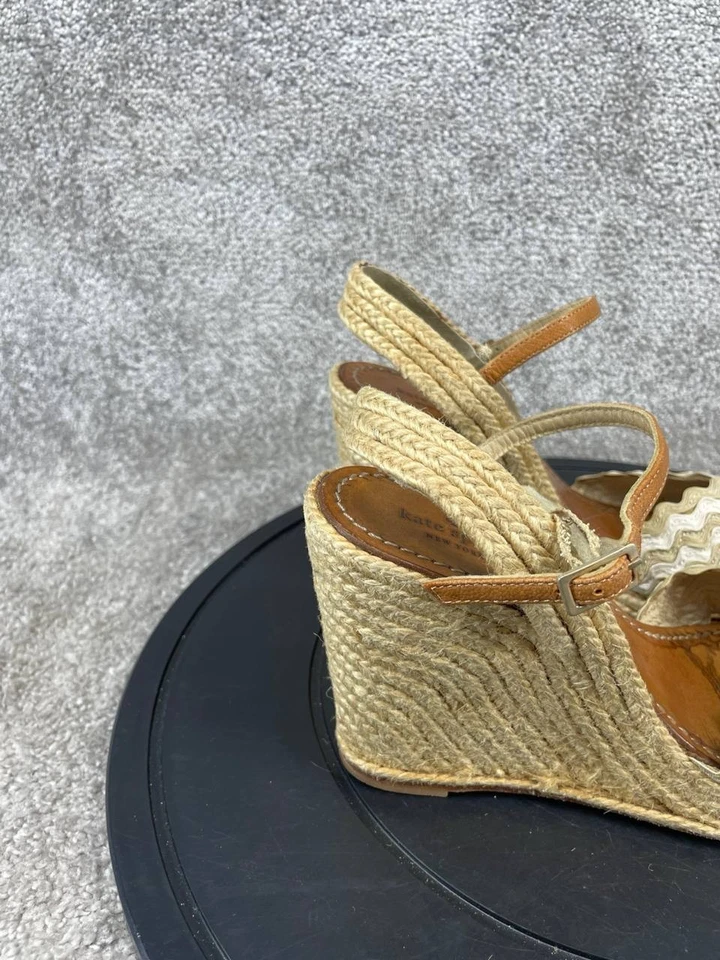 Kate Spade New York 高跟鞋女式 8.5 码帆布鞋棕色皮革表带楔形鞋 — 第 3/4 张图片