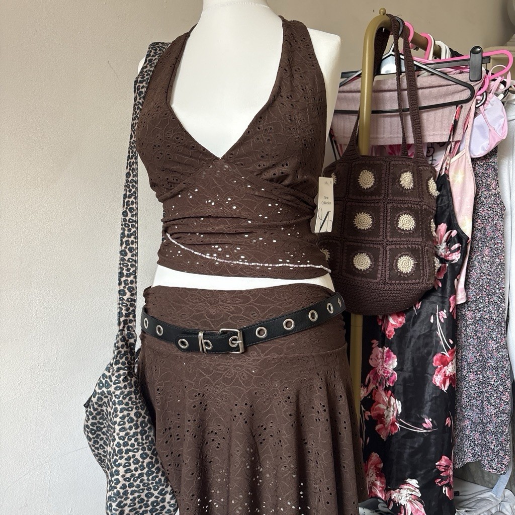 Conjunto Top y Mini Falda Cuello Halter Talla Mediana Boho Vintage Nuevo con Etiquetas