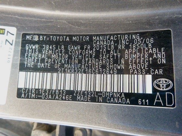 Toyota Matrix 2006 1.8L Engine VIN R 5th Digit 3132 - Image 3 of 4