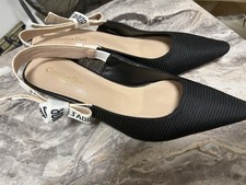 Christian Dior Women s Black White Leather Logo Pointed Toe Slingback Heels 9