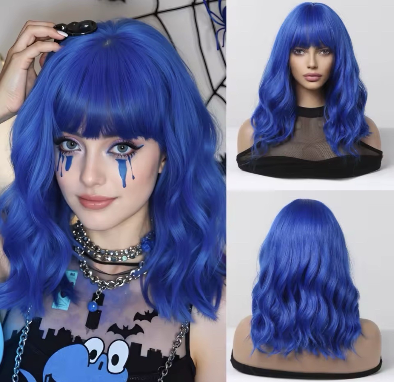 Perruque synthétique bleu à frange 40cm pour masquer la perte de cheveux avec volume bouclé
