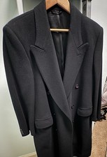 Men's Double Breasted Long Black Overcoat Peak Collar Lined Formal