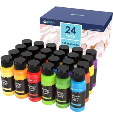 INK LAB Acrylic Paint Set 24 Pack Vibrant Rich Color Non Toxics Craft Paints