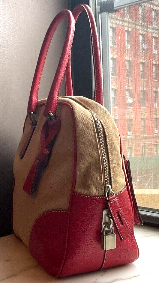 Prada Beige Canvas and Red Leather Bowling Bag