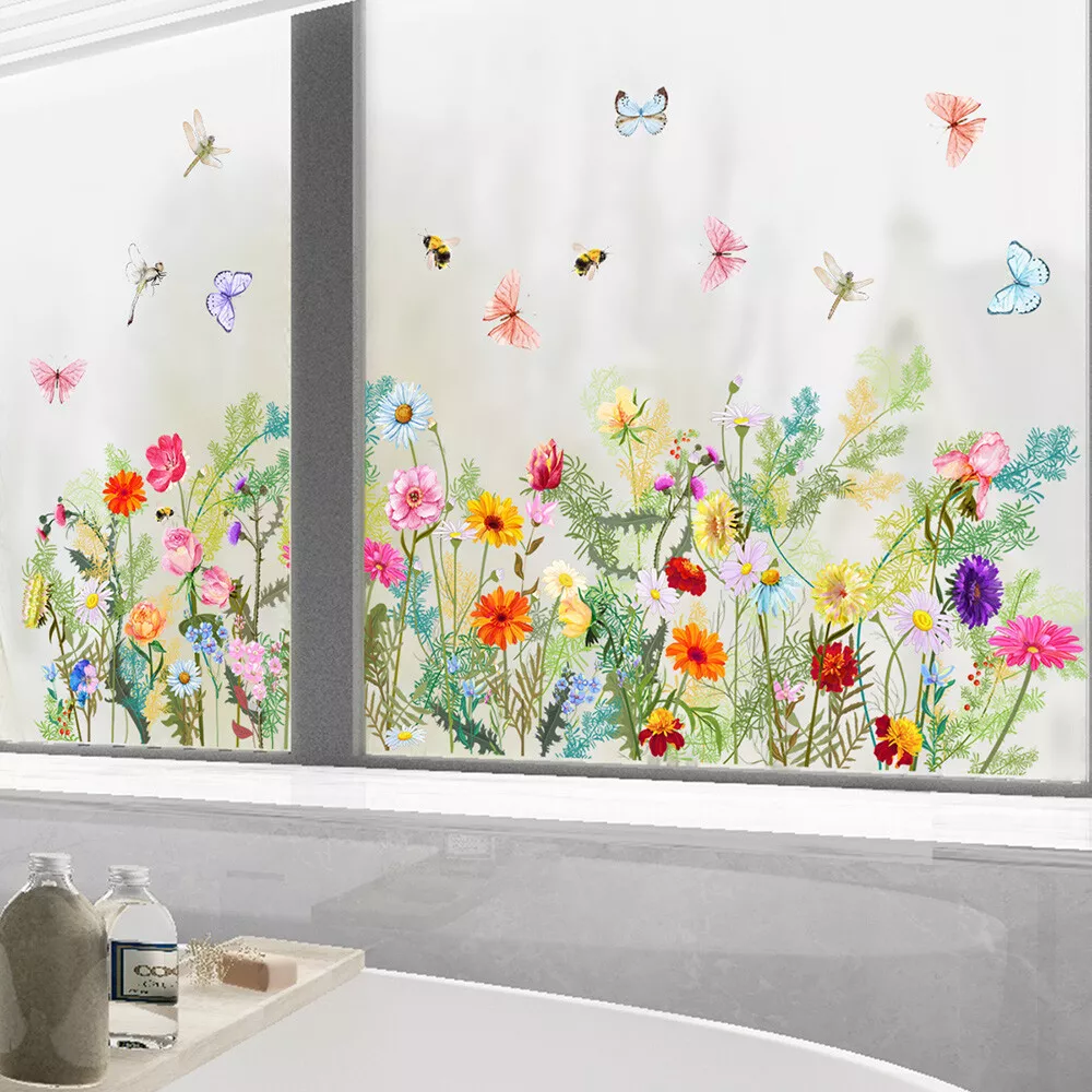 Flowers Garden Window Clings Non Adhesive Vinyl Stickers Glass Decals  Removable