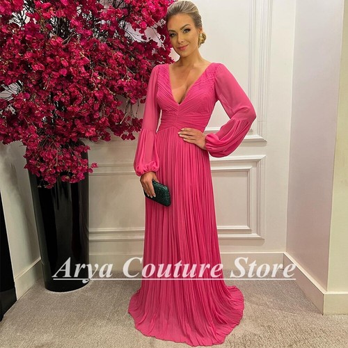 Cap Sleeve Pleated A-Line Chiffon Long Dress Fuchsia main image 1