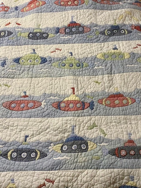 Vtg Pottery Barn Kids Submarine Gingham Blue Quilt 68” x 86” Full Nautical Boat - Image 2 of 4