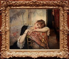 Antico dipinto olio fatto a mano vecchio maestro-arte donna ragazza su tela 24"x30"