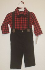 Carter's Baby Boy Red Plaid Dress Shirt Pants Set Removable Suspenders Bow Tie