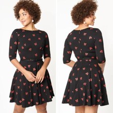 Unique Vintage Black & Red Bows Print Stephanie Fit & Flare Dress, 0X
