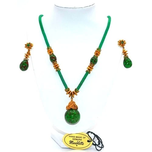 Signed Miriam Haskell 16–18” Green Marblette Bead Necklace Earrings Set Vintage