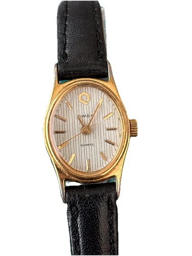 Vintage Timex Q Watch Women 17mm Gold Tone Oval Dial S Cell Leather New Battery