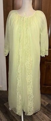 Vintage 60s Peignoir 2pc Set Nylon Chiffon Nightgown Robe Green With Lace