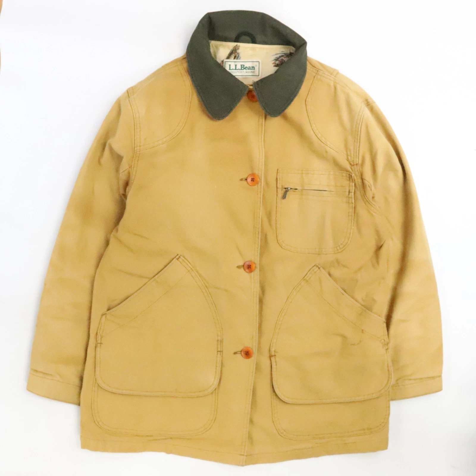 Vintage L.L. Bean Barn Coat Chore Work Jacket Size Large Fish Print Lined