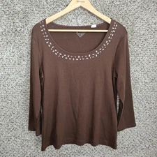 Chicos Top Womens 2 US Large Brown Scoop Neck Embellished Tee Casual Ladies