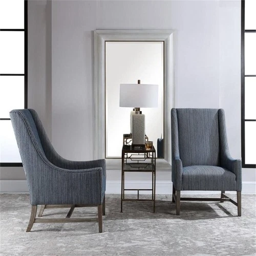 Uttermost Galiot Coastal Wood and Fabric Wingback Accent Chair in Blue and White - Picture 9 of 10