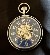Majesti Skeleton Dial Automatic Pocket Watch Silver and Blue Dial