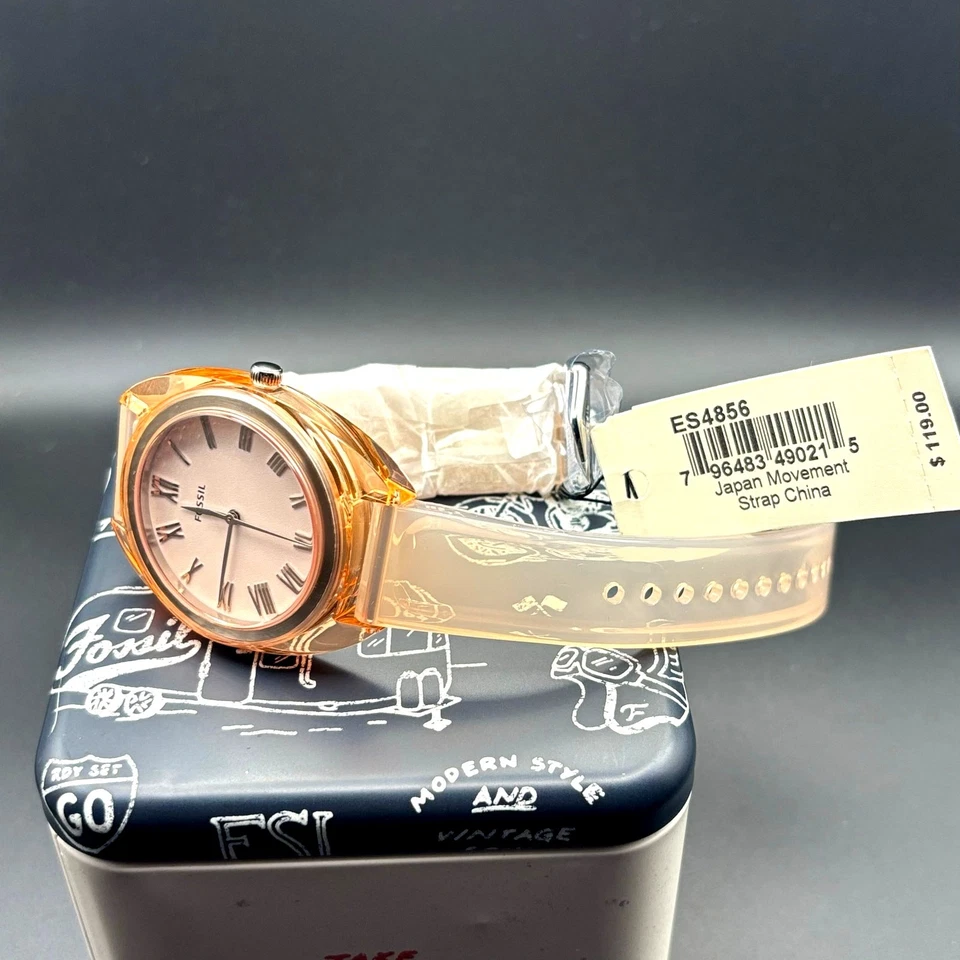 Reloj de cuarzo Fossil para mujer ES4856 Jude 38 mm silicona melocotón tres manecillas nuevo en caja con etiquetas Foto 3 de 4