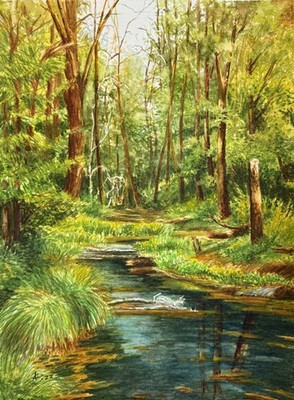 Aquarellbild Original 40x30 cm, Landschaft, Spaziergang im Wald