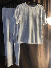 Wmns Medium Gray Soft Knitted Pajama Matching Set T-Shirt Sweatpants Cozy