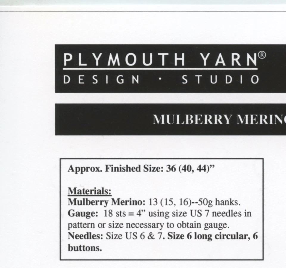 Plymouth Yarn KNITTING PATTERN Mulberry Merino Shawl Collared Vest Women 36"-44" - Image 2 of 2
