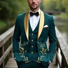 Men Suit Business Tuxedo Formal Gold Satin Lapel Groom Groomsman Wedding Party