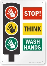 "Stop Think Wash Hands" Sign | 10" x 14" Plastic