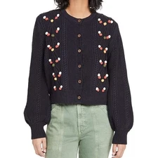 NEW The GREAT. The Frond Cardigan (Sz 3 / L) Pom-Pom Trim Midnight Blue