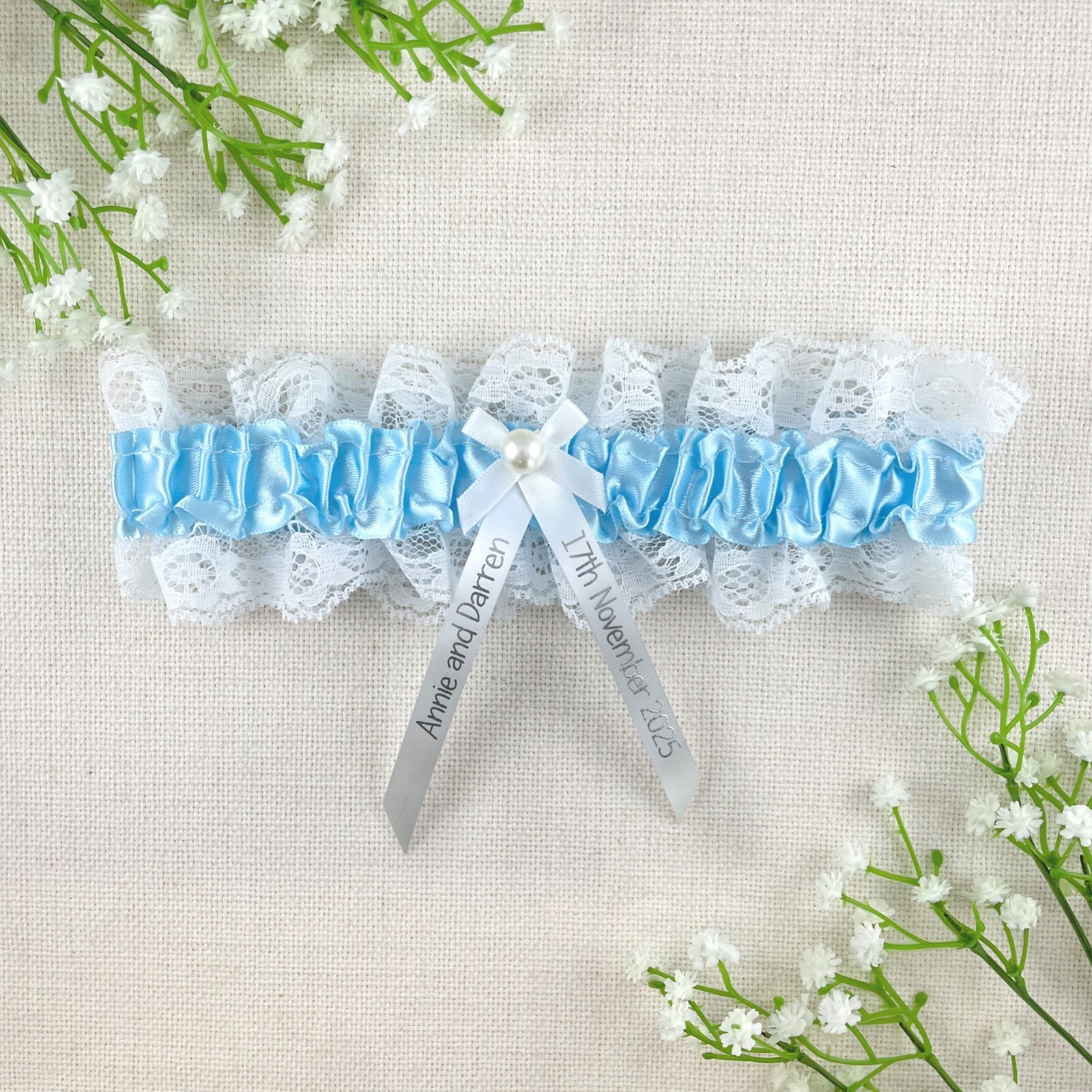 Personalised Garter - Baby Blue with Silver Text - Something Blue Wedding Bride
