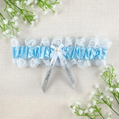 Personalised Garter - Baby Blue with Silver Text - Something Blue Wedding Bride - Image 1 of 2