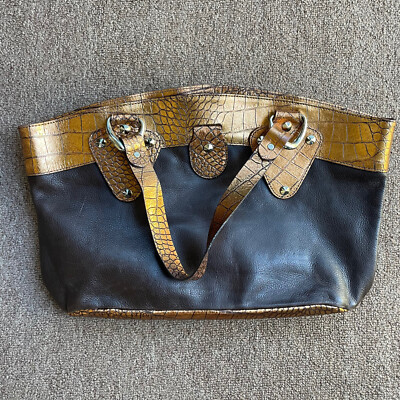 Falor Made In Italy Handbag Bronze Reptile Brown Leather Studded
