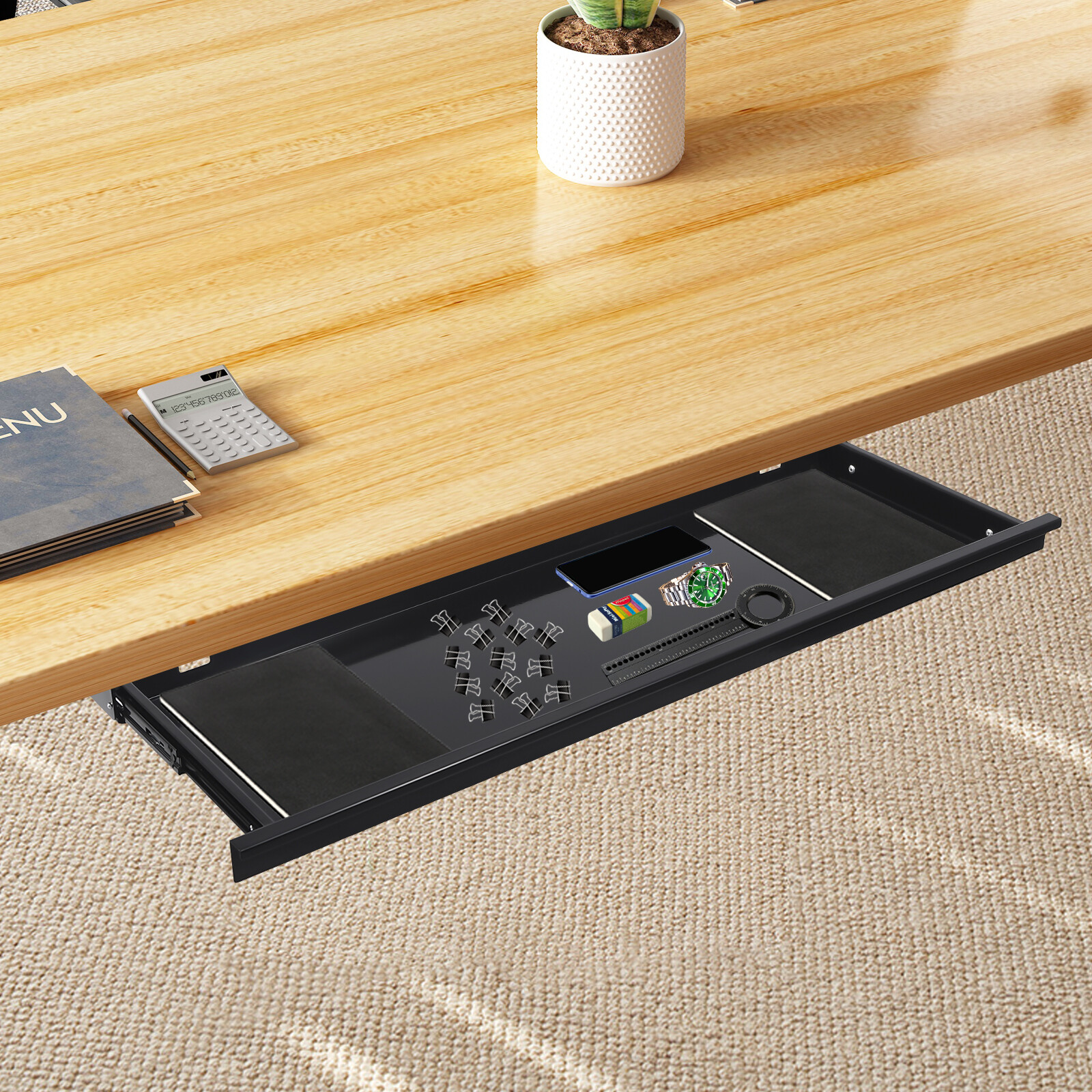 Under Desk Keyboard Tray Sliding Pull-Out Drawer Black Iron
