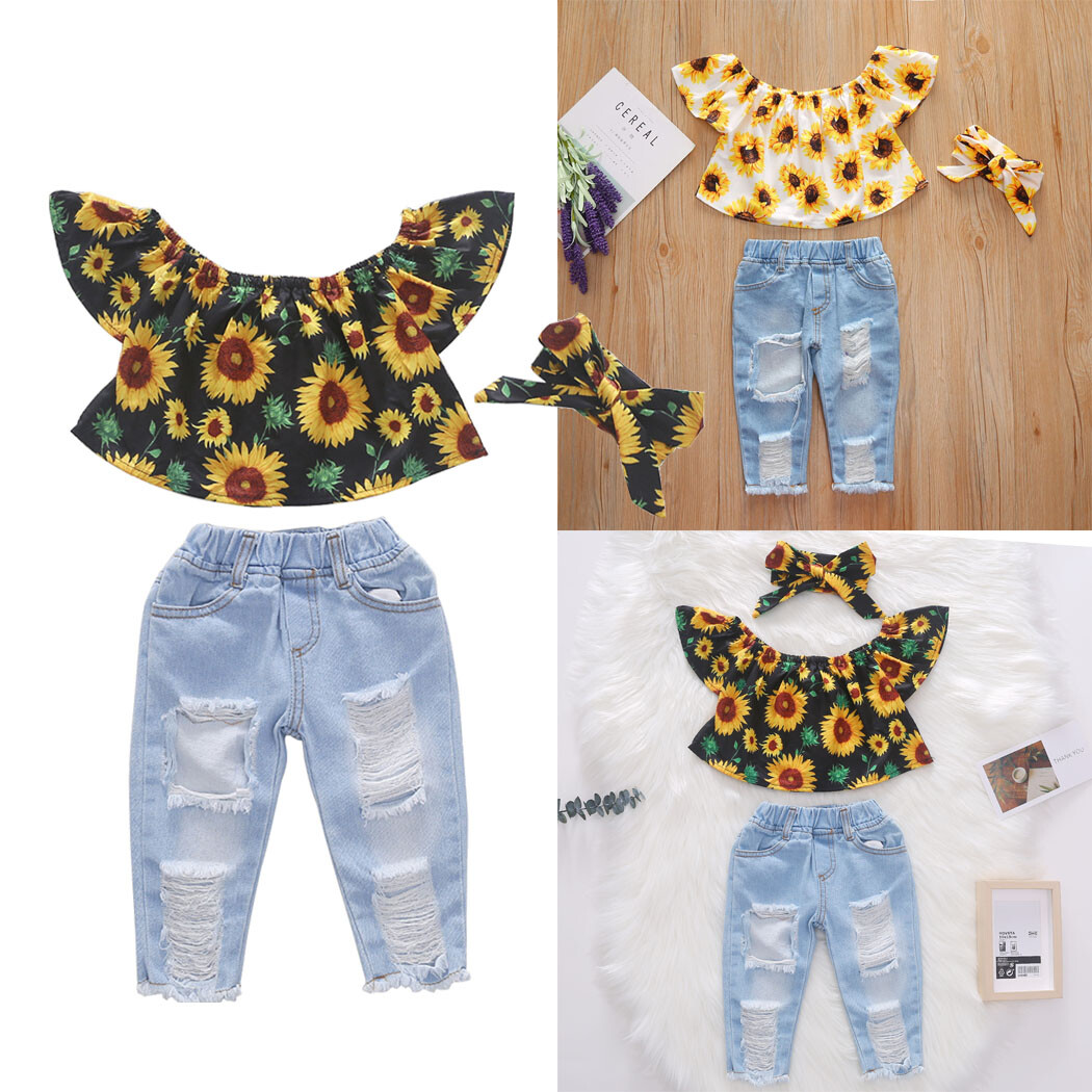 Infant Baby Girls Denim Pants Sunflower T-shirt Tops Jeans Headband Set  Clothes