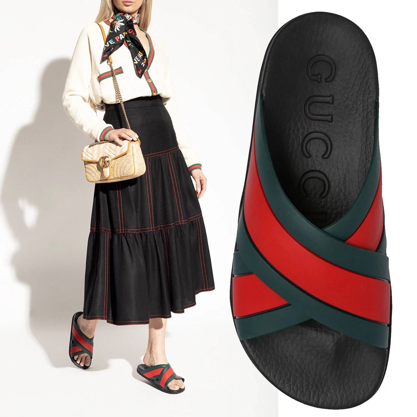 CHAUSSURES GUCCI FEMME ROUGE VERT TOILE CAOUTCHOUC CROISÉE SLIDE taille 38 8