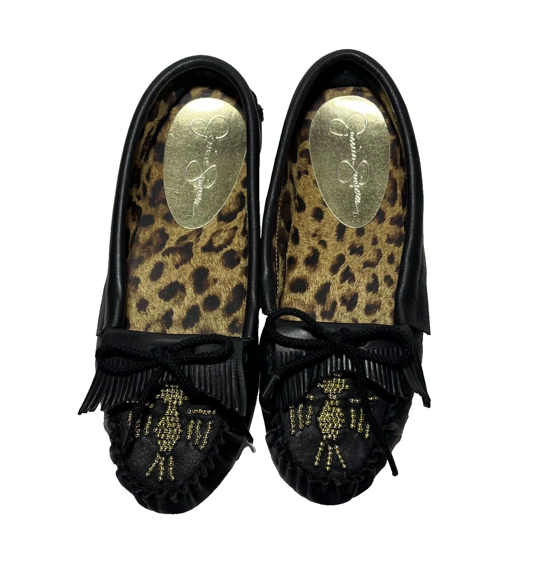 Jessica Simpson Black Moccasins Beaded Gold Tone Phoenix Shoes